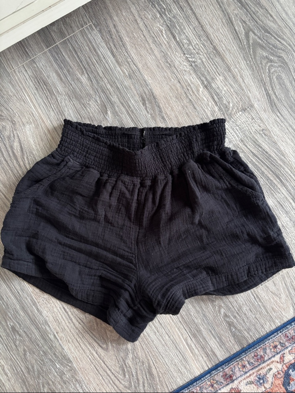 Linen Black High-Waist Smocked Shorts